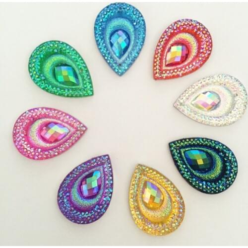 20PCS AB Resin 18*25mm teardrop Peacock eye Flatback Rhinestone Ornaments DIY Wedding appliques 2 hole buttons SC66*2
