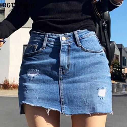 BGTEEVER Fashion Chic Women A-line Mini Denim Skirts Summer High Wasit Ripped Edges Female Jeans Skirts 2020 Casual Streetwear