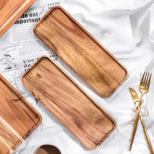 KINGLANG Acacia Wood Tray Home Rectangular Coffee Breakfast Bread Tray Fruit Plate Wooden Cutlery