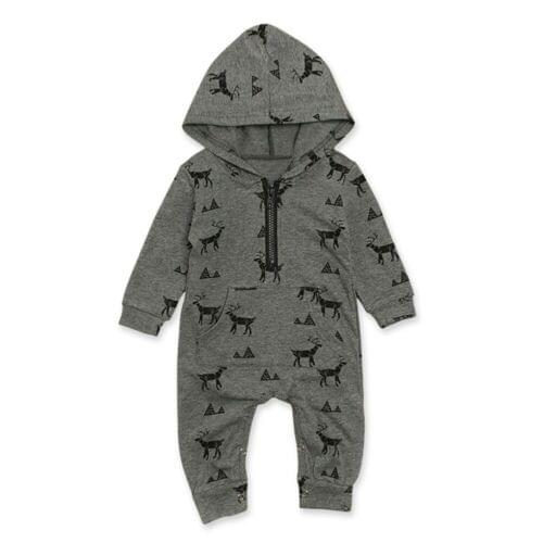 Kids Infant Baby Boys Gray Reindeer Print Hooded Romper Jumpsuit Full Sleeve Rompers Clothes Outfits One-Piece