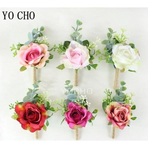 YO CHO Artificial Flower Silk Rose Boutonniere Groom Brooch Pins Wedding Girl Bracelet Wrist Corsage Party Prom Pink Boutonniere
