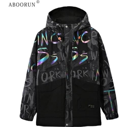 ABOORUN Mens Fashion 3M Reflective Printed Hooded Jacket Camouflage Patchwork Windbreaker Coat for Male
