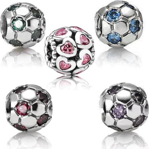 New Fashion S925 Sterling Silver Football Charm Beads with CZ Jewellery Bracelet Necklace and Pendant for European Casual Style