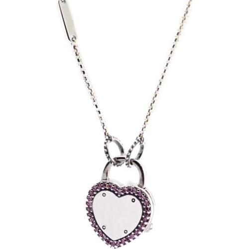 Authentic 925 Sterling Silver Lock Your Promise Necklaces For Women Pink CZ Pendants Necklace 60cm Fashion Fine Jewelry Gift