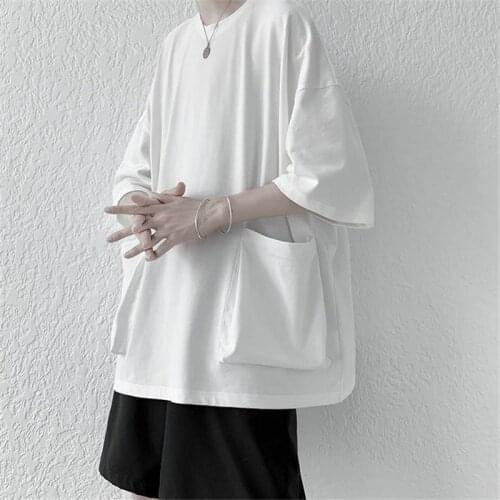 Ins Summer Pocket Cotton Short-sleeved Boys Men and Women Loose Sleeve Solid Color Shirt Y2k Aesthetic Harajuku Tops