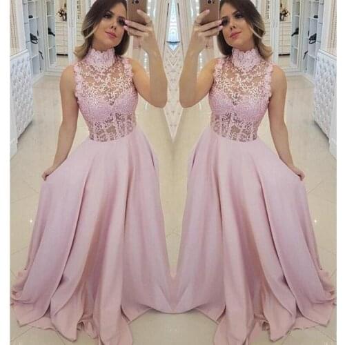 2020 A Line Prom Dresses High Collar Lace Top Illusion Exposed Formal Long Party Gowns Sleeveless Evening Dresses
