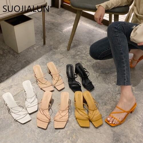 SUOJIALUN Women Summer Outdoor Sandal High Square Heel Flip Flop Ladies Brand Women Slipper Summer Narrow Band Slides Big Size41