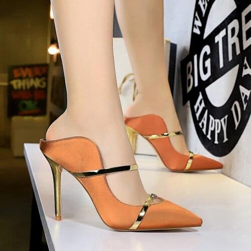 2021 Women Fetish 10cm High Heels Slides Female Sexy Summer Mules Satin Slippers Lady Slip On Yellow Sandals Silk Strange Shoes