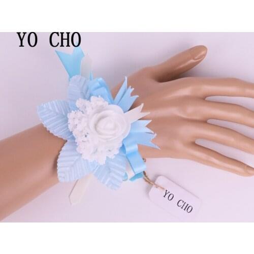 YO CHO New Creative Wedding Decoration Wrist Flower White Rose Blue Leaf Rose Silk Ribbon Bridesmaid Hand Flowers Bridal Prom