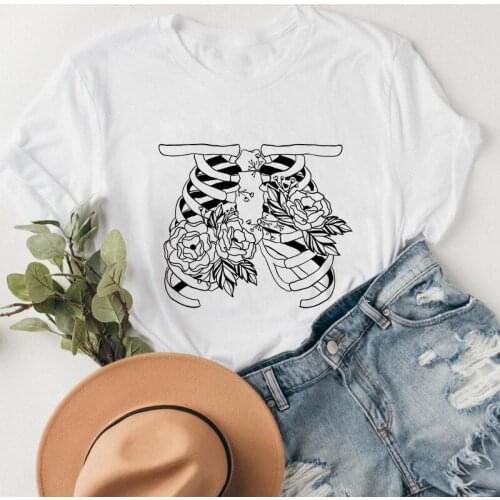 Floral Human Rib Cage T-shirt Boho Skeleton Halloween Tshirt Vintage Women Graphic Anatomy Gothic Tee Top
