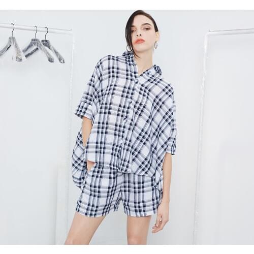 Summer 2019 short sleeves oversize ramie plaid shirt women