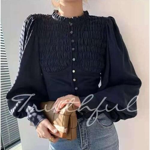 Autumn New Vintage Pleated Womens Shirt Stand Collar Button Long Sleeve Blouse Fashion Ruffles Slim Tops Female Clothing 16124