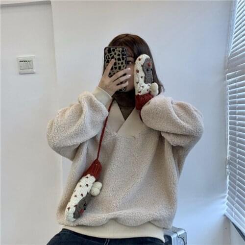 Lazy V-neck Lamb Fur Loose Sweatshirt Womens Sweatshirts Japanese Harajuku Ulzzang Female Korean Kawaii Cute Clothing For Women