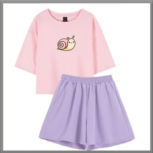 Women Cute Snails Sleepwear 2PCS Shirt&Shorts Pajamas Set Print Nightwear Cartoon Intimate Lingerie Pyjamas Casual Homewear Girl