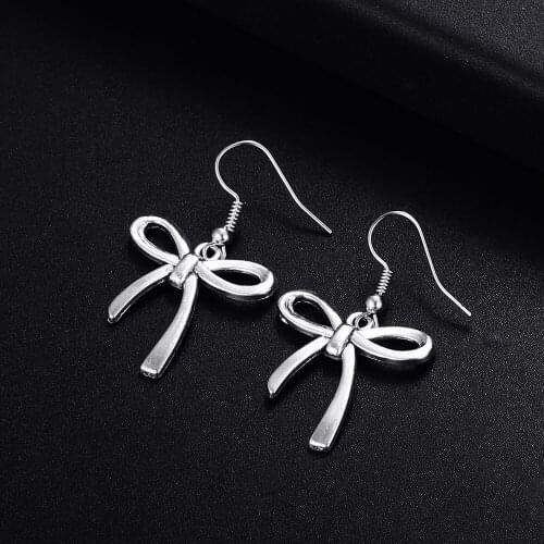 Trendy Vintage bowknot Shape Dangle Antique Silver Plated Earrings for Women Girl Retro Drop Earrings Cute Earring Jewelry