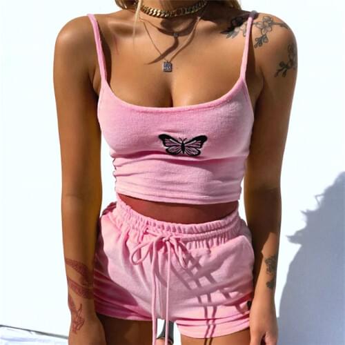 Womens Summer Clothes Set Butterfly Embroidery Sleeveless Square Neck Cropped Top+High-Waist Shorts Run Elastic Sports Suit