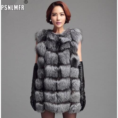 Medium-long design womens winter fur coat natural real silver fox fur vest for office ladies
