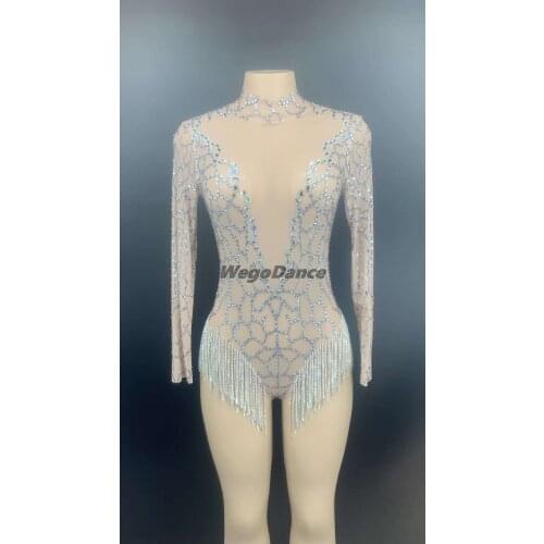 Tassel Bodysuit Silver Rhinestones Fringe Backless Transparent Women Dancer DS Wear Birthday Mesh Clothing