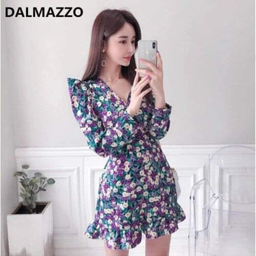 2021 Spring Summer Korean Women V Neck Lacing Mini Dress Vintage Print Chiffon Vestidos Femme