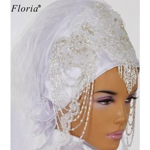 2020 Muslim Lace Beading Wedding Veils White/Ivory Bridal Veils Arabic Long Wedding Accessories Arabic Velo De Novia