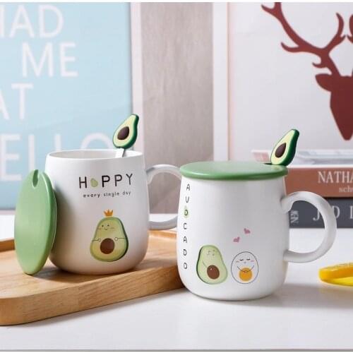 420ml Japanese Style Cute Avocado Ceramic Cup Cartoon Cup Water Cup with Lid Spoon Couple Mug Custom Coffee Cup Milk Juice Cup