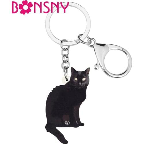 Bonsny Acrylic Black Bombay Cat Keychains Keyring Cute Animal Kitten Key Chain Jewelry For Women Kids Fashion Gift Car Accessory