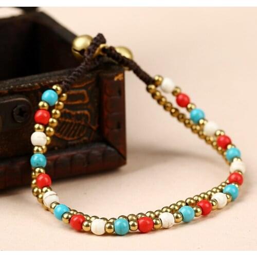 Bohemian Ethnic Style Semi-precious Stone Bell Retro Female Bracelet Wax Rope Hand-woven Beach Style Creative Girl Female Bangle