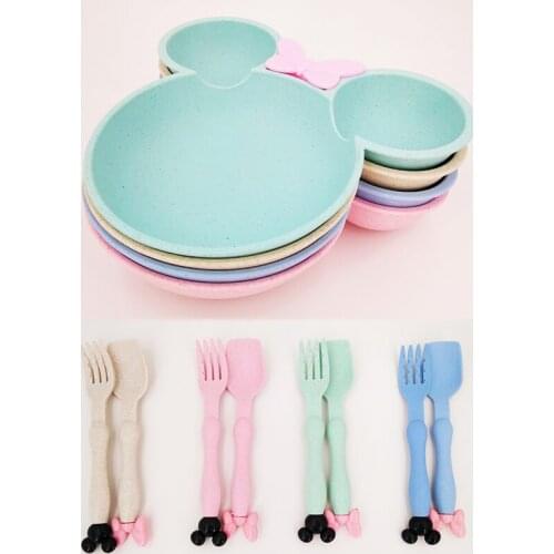 Baby Bowl Baby Plate Spoon-Fork Tableware-Set Straw-Bowl Wheat Dinner-Plate Baby Kids Children Cartoon Baby Training Bowl Spoon