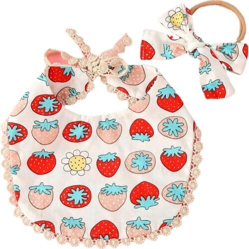 0-3Y Baby Bibs Headband 2 Pieces Set Children Cotton Cartoon Pattern Drool Burp Cloths Hairband Suit Toddler Feeding Accessory