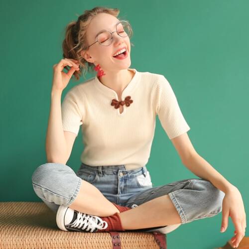 Heliar Retro Ice Silk T-shirts Women 2021 Spring Summer Vintage Buckle Knit Top Female Plain Tees Kpop Slim Camisetas De Mujer