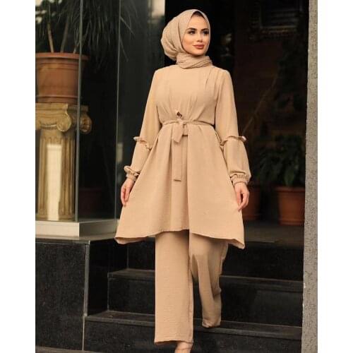 2 Pieces Dubai Muslim sets islamic ribbon tops + pant suits female kaftan Turkish Hijab Muslim islamic dress ramadan ropa F1790