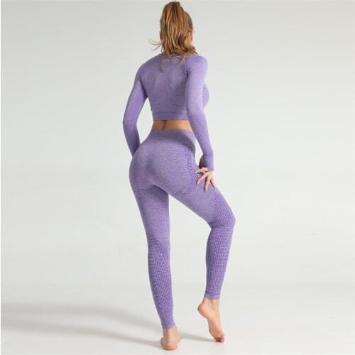 CHRLEISURE Stripe Jacquard Seamless Women Yoga Sets High Waist Push Up Leggings Gym Long Sleeve Sports Bra Sportswear Suits