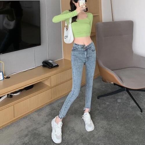 Stretch Hole Skinny Korean Vintage Clothes WomenS High Waist Trousers Fashion Jeans Pants For Girls Streetwear 2021 Autumn