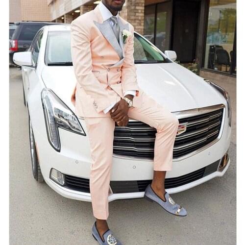 Slim fit Light Pink Prom Men Suits with Double Breasted 2 piece Custom Wedding Tuxedo for Groomsmen Gray Lapel Man Fashion 2020