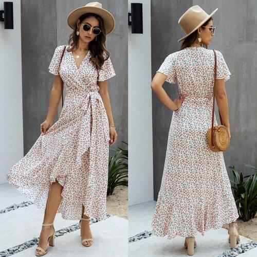 Summer Maxi Dress Women Polka Dot Sexy V Neck Ruffles Short Sleeve Holiday Long Beach Sundress Ladies Lace Up Wrap Party Dresses