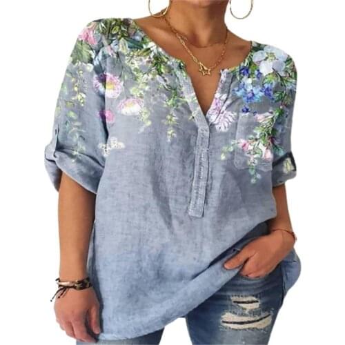 Shirt Elegant Floral Print V Neck Shirt Summer Vintage Blouse Floral Print Streetwear