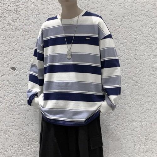 Spring Fall Round Neck Clothes Boys Striped T-Shirt Loose Wild College Style Fresh Couple Ins Bottoming Long Sleeves Large Size