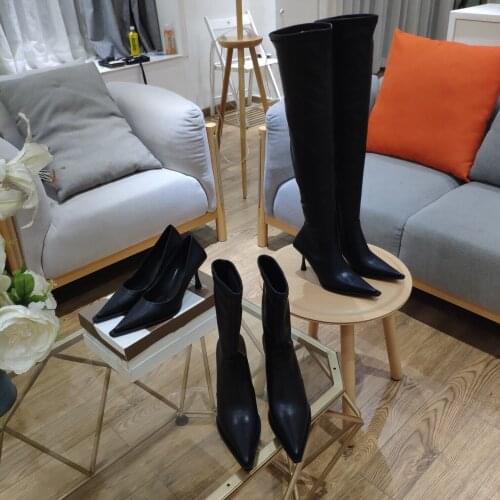 21 Newest Winter Shoes Woman Genuine Leather Mid-Calf Boots Woman Pointed-Toes Thin Heels Boots Woman Chelsea Boots Botas Mujer