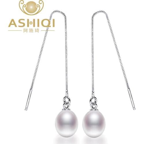 ASHIQI Real Natural Freshwater long pearl earrings 925 sterling silver Pearl Jewelry For Women 92.5