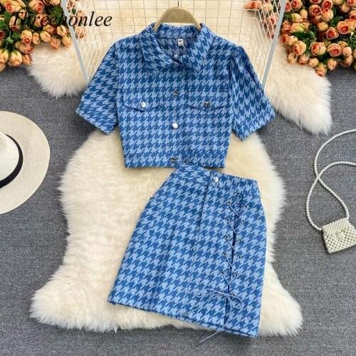 Womens Korean Denim 2 Pieces Set Turn-down Collar Single Breasted Short Crop Tops+Bandage Mini Jeans Skirt Clothing Suits