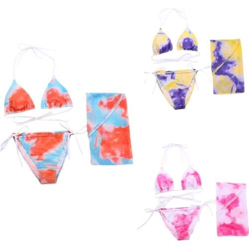 Womens Sexy 3pcs Tie-Dye Bikini Set Halter Swimsuit with Sarong Cover Up Beach Skirt Tie Side Bottom Thong Bathing Suit