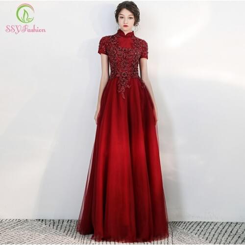 SSYFashion New Bride Evening Dresses Luxury Burgundy High-neck Appliques Beading Short Sleeve Formal Gowns Vestidos De Noche