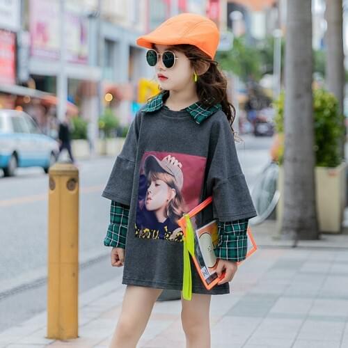 2020 New Children Fashion Sweater Girls Spring Autumn Plaid Stitching Long-sleeve T-shirt Baby Girl Loose Style Tops 4-12 Years