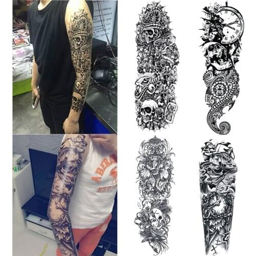 4 Piece Temporary Tattoo Sticker Skull Full Flower Tattoo with Arm Body Art Big Large Fake Tattoo Sticker