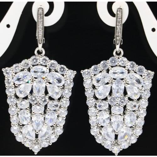 49x24mm New Statement Shield Jewelry Set for Women Silver Pendant Earrings White bright Cubic Zircon Eye Catching Wholesale