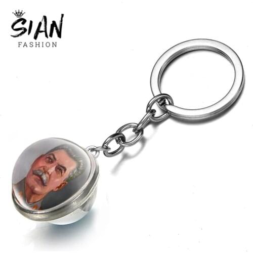 SIAN Hero Stalin CCCP Badge Keychain Sickle Hammer USSR Russia Communism Emblem Glass Crystal Pendant Statement Jewelry Keyring
