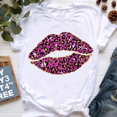 Sexy Leopard Pink Lips Print Tshirt Women Clothes 2021 Funny T-Shirt Femme Summer Fashion T Shirt Female White Casual Tops