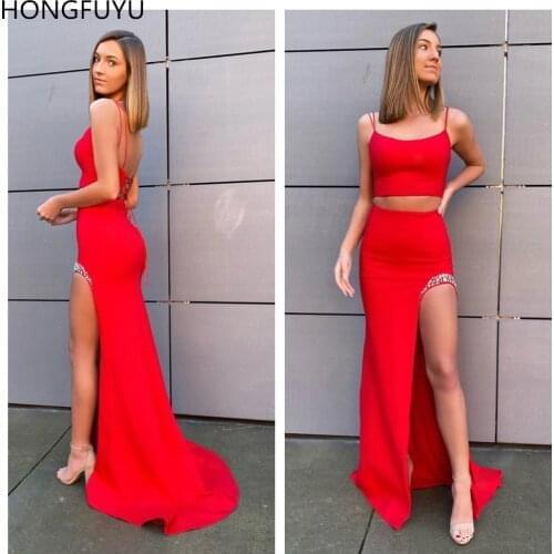 HONGFUYU Two Pieces Red Evening Graduation Dresses Sweep Train Womens Sexy Special Occasion Party Gowns Lace Up Formal Prom