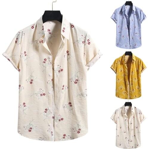 Cotton Linen Print Blouse Top Fashion Short Sleeve Button Shirt Man Hawaiian Shirts Summer