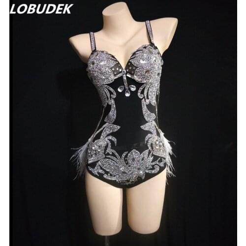 Sparkly Rhinestones Feather Gold Black Bodysuit Women Sexy Stage Wear DJ Singer Dancer Pole Dance Performance Nightclub Costume